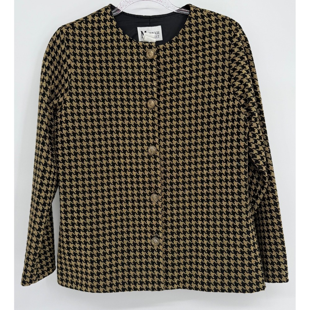 Maggie Sweet Gold Metallic Houndstooth Lurex Button Front Jacket Blazer Sz M